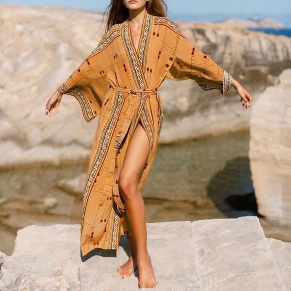 Bohemian Western Aztec Tribal Geo Belted Kimono Duster Cover up Beach - Picture 10 of 12